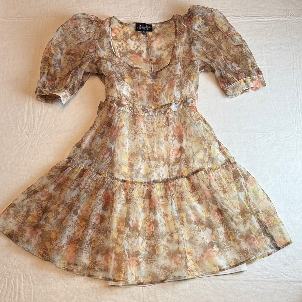 Danielle Bernstein Women's Yellow Brown Sheer Floral Puff Sleeve Mini Dress XS